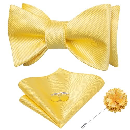 Dubulle Fliege und Anstecknadel zum Selbstbinden für Herren, Paisleymuster, solide Herren-Fliege und Taschentuch, Manschettenknöpfe, Set für Hochzeit, hellgelb, Medium von Dubulle