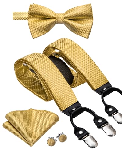 Dubulle Herren Clips Hosenträger und vorgebundene Fliege Set mit Einstecktuch Y-Form verstellbare Hosenträger, A-Gold von Dubulle