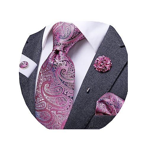 Dubulle Herren Krawatte und Revers Pin Blume Seide Einstecktuch Manschettenknöpfe Set für Herren Paisley Solid Stripe 4-teiliges Set, dunkelrosa, Mittel von Dubulle