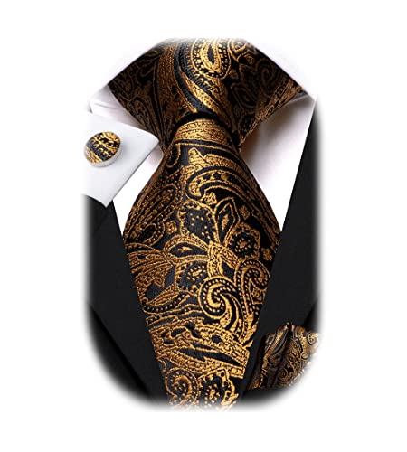 Dubulle Herren-Krawatten-Set, gewebt, Paisley-Streifen, Krawatten, quadratisch, Manschettenknöpfe, Business, Hochzeit, Bronze, Gold, Schwarz, Medium von Dubulle