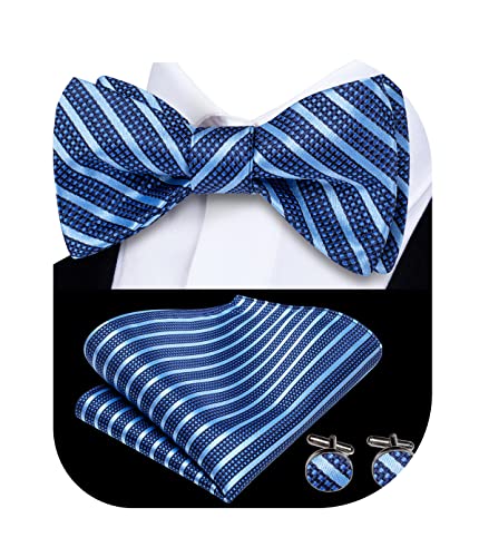 Dubulle Selbstbindende Fliegen für Herren, gewebte Herren-Fliegen und Einstecktuch, Manschettenknöpfe, Set für Hochzeit, Smoking, Marineblau / Himmelblau gestreift, Medium von Dubulle