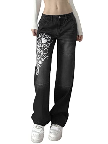 Damen Baggy Jeans Grafik Weites Bein Denim Hosen Niedrige Leibhöhe Boyfriend Hose Vintage E-Girl Streetwear, Schwarz , S von Dubute