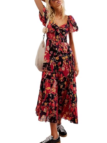 Damen Boho Blumendruck Sommerkleider Puff-Kurzarm A-Linie Langes Kleid Gesmoktes Casual Maxikleid, Rot/Blumenmuster, L von Dubute