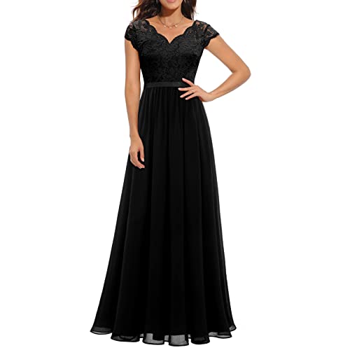 Damen Elegant Spitze 3/4 Ärmel A Linie Langes Kleid Empire Taille Mesh Abend Cocktail Hochzeit Party Kleid, Black-B, Medium von Dubute