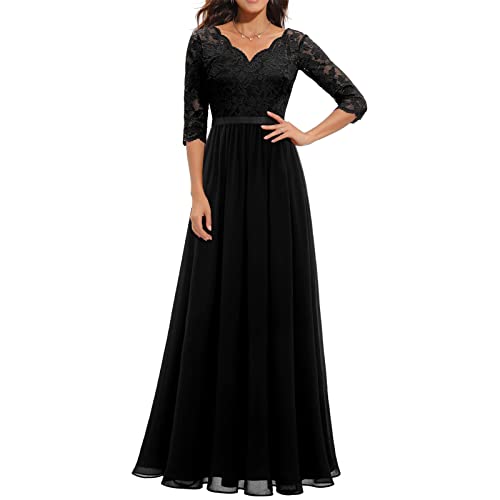 Damen Elegant Spitze 3/4 Ärmel A Linie Langes Kleid Empire Taille Mesh Abend Cocktail Hochzeit Party Kleid, Schwarz , Medium von Dubute