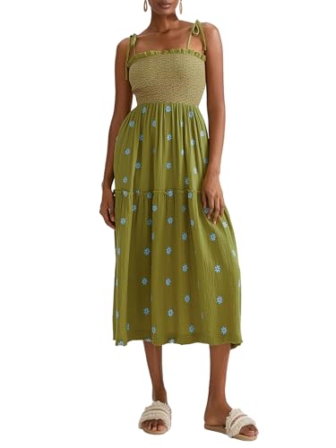 Damen-Maxikleid mit Blumenstickerei, Schulterbindung, ärmellos, quadratischer Ausschnitt, gestuft, fließend, mit Taschen, grün, L Damen-Maxikleid mit Blumenstickerei, Schulterbindung, ärmellos, quadratischer Ausschnitt, gestuft, fließend, mit Taschen, grün, L von Dubute