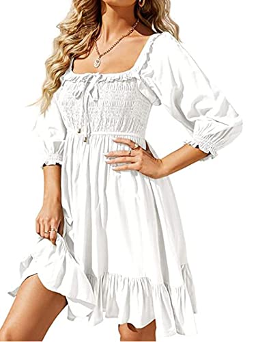 Damen Raffhalter quadratischer Ausschnitt Laternenärmel Sommerkleid A Linie Sommerkleid Kurzes Minikleid, weiß, L von Dubute