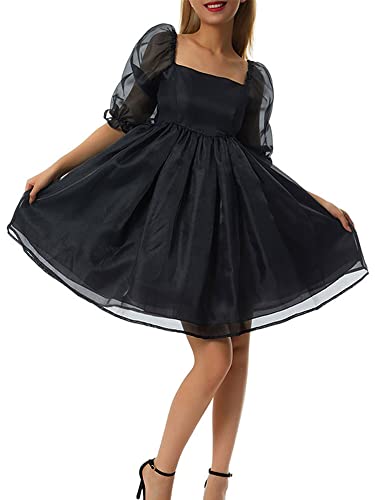 Damen Rüschen Kurze Puffärmel Mini A Linie Kleid Quadratischer Ausschnitt Hohe Taille Kurze Tüll Mesh Rückenfreie Kleider, Schwarz , XX-Large von Dubute