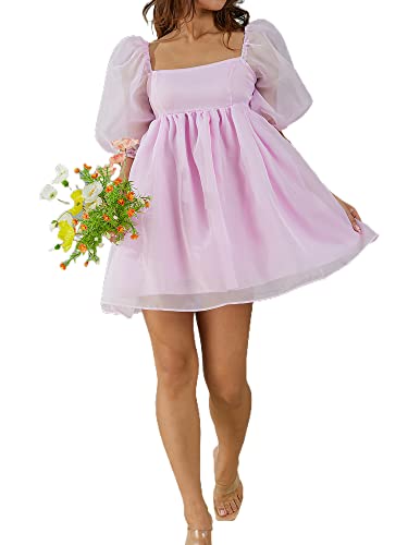 Damen Rüschen Kurze Puffärmel Mini A Linie Kleid Quadratischer Ausschnitt Hohe Taille Kurze Tüll Mesh Rückenfreie Kleider, rose, XX-Large von Dubute