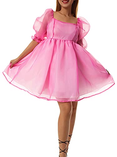 Damen Rüschen Kurze Puffärmel Mini A Linie Kleid Quadratischer Ausschnitt Hohe Taille Kurze Tüll Mesh Rückenfreie Kleider, rosig, XX-Large von Dubute