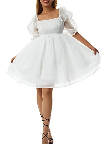 Damen Rüschen Kurze Puffärmel Mini A Linie Kleid Quadratischer Ausschnitt Hohe Taille Kurze Tüll Mesh Rückenfreie Kleider, weiß, XX-Large von Dubute