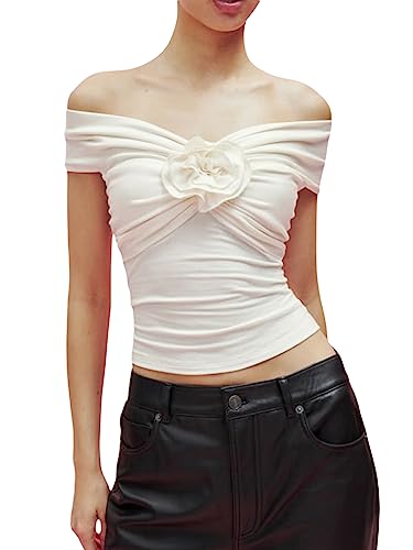 Damen Sexy Off Shoulder Blumen Kurzarm Slim Fit T-Shirt Crop Top Shirt (A-White, S) von Dubute