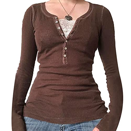 Damen Spitze Patchwork Langarm Tunika Top Fairy Grunge Slim Fit Shirt Y2K Harajuku Bluse E Girl Streetwear, Brown-a, 46 von Dubute