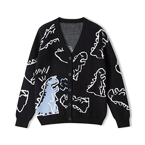 Damen Strickpullover Kawaii Dinosaurier bedruckte Pullover Cardigans V Ausschnitt Langarm Knopfleiste Niedlich Cartoon Tier Strickwaren, Schwarz , L von Dubute