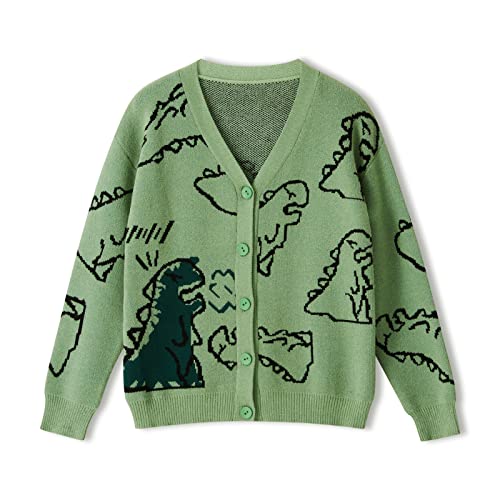 Damen Strickpullover Kawaii Dinosaurier bedruckte Pullover Cardigans V Ausschnitt Langarm Knopfleiste Niedlich Cartoon Tier Strickwaren, grün, L von Dubute