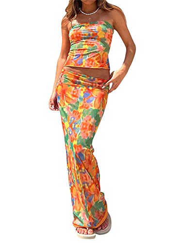 Damen Y2K Rock Set Strapless Tube Top Bodycon Midi Rock Kleid 2-teilige Outfits Rock Sommer Party Strand (B-Colorful, S) von Dubute