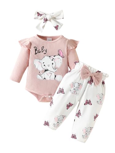 Dubute Baby Mädchen Kleidung Langarm Rüschen Elefant Strampler und Schleife Hosen Herbst Winter Outfit 0-18 M, Elefant & Pfirsichrosa, 62 von Dubute