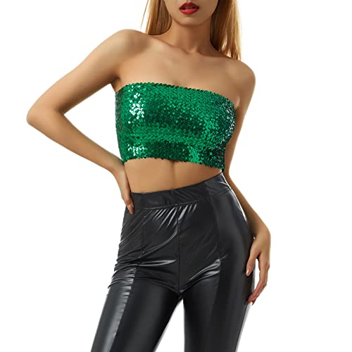 Dubute Damen Glitzernde Schlauchoberteile Glänzend Ärmellos Crop Bandeau Pailletten Trägerlos Top Clubwear, grün, Einheitsgröße von Dubute