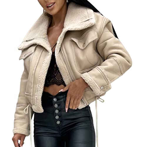 Dubute Damen-Jacke, Kunstleder, Sherpa-Fleece-gefüttert, Trucker-Jacke, Revers, kurzer Reißverschluss, Wildlederimitat, Motorrad-Oberbekleidung, Light Khaki, 38 von Dubute