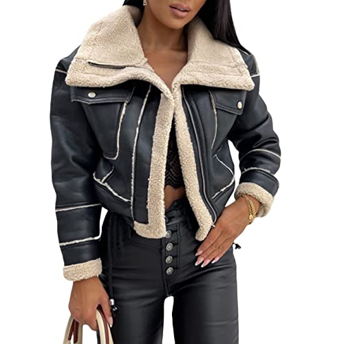 Dubute Damen-Jacke, Kunstleder, Sherpa-Fleece-gefüttert, Trucker-Jacke, Revers, kurzer Reißverschluss, Wildlederimitat, Motorrad-Oberbekleidung, Schwarz , 36 von Dubute