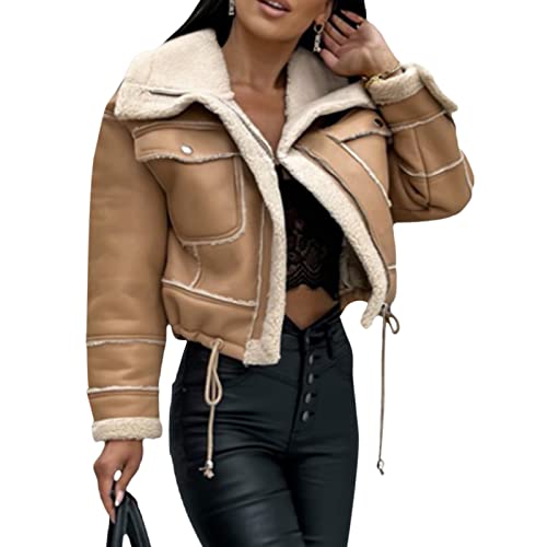 Dubute Damen-Jacke, Kunstleder, Sherpa-Fleece-gefüttert, Trucker-Jacke, Revers, kurzer Reißverschluss, Wildlederimitat, Motorrad-Oberbekleidung, dunkles kaki, 38 von Dubute