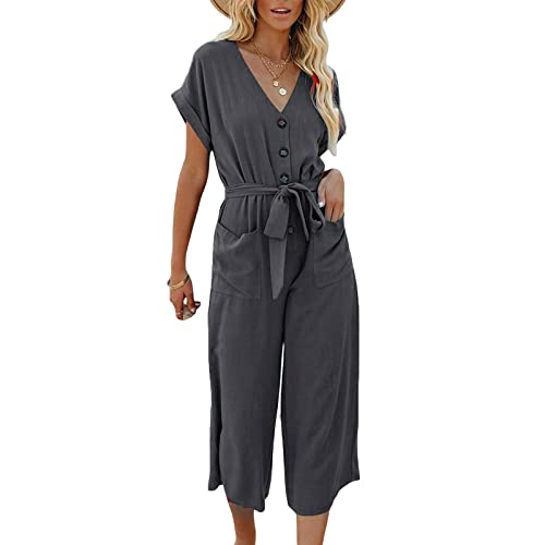 Dubute Damen-Jumpsuits mit kurzen Ärmeln, V-Ausschnitt, Knopfleiste, Gürtel, weites Bein, bauchfrei, mit Taschen, dunkelgrau, 42 von Dubute