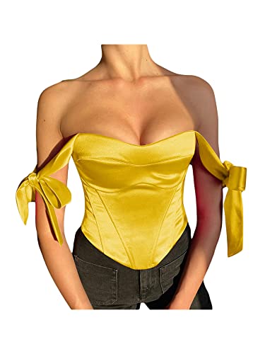 Dubute Damen Korsett Top Sexy Satin Fliege Strap Off Shoulder Ärmellos Streetwear Party Bustiers (Yellow, M) von Dubute