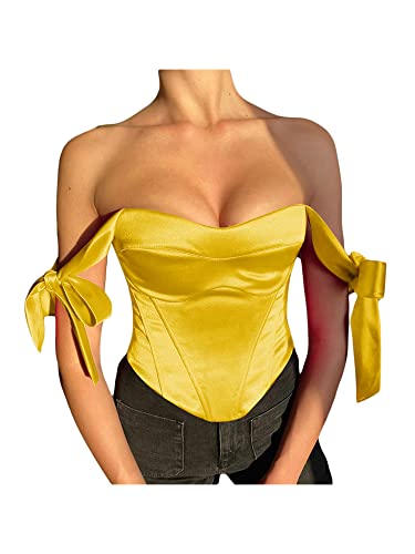Dubute Damen Korsett Top Sexy Satin Fliege Strap Off Shoulder Ärmellos Streetwear Party Bustiers (Yellow, S) von Dubute