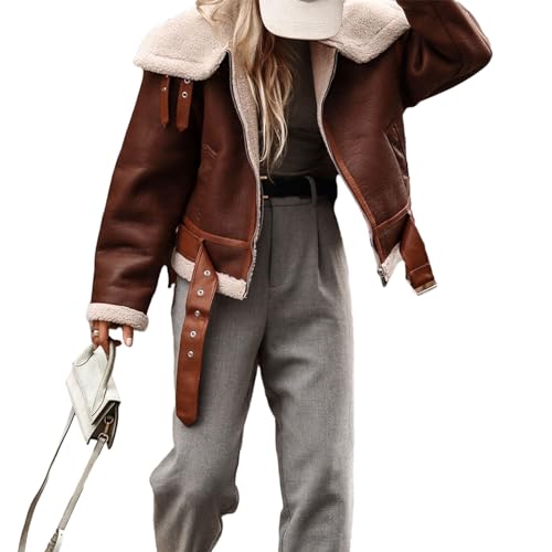 Dubute Damen Kunstleder Jacke Sherpa Fleece gefüttert Trucker Jacke Revers Cropped Reißverschluss Faux Wildleder Motorrad Outwear, A-Auburn, 38 von Dubute