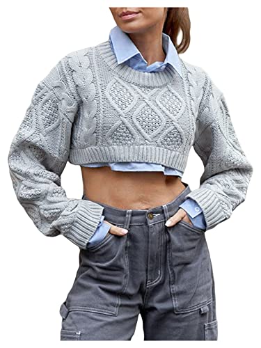 Dubute Damen Langarm Crop Tops Einfarbig Casual Lose Strickpullover Pullover, grau, M von Dubute