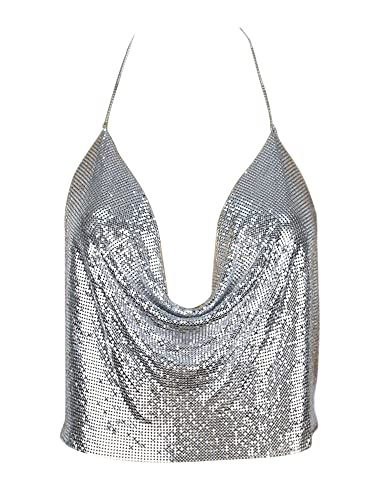 Dubute Damen Pailletten V-Ausschnitt Cami Top Metall Glänzend Rückenfrei Sling Top Sexy Ärmellos Clubwear, silber, Einheitsgröße von Dubute