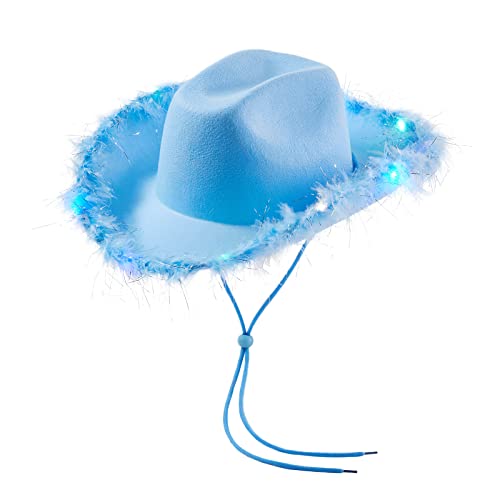 Dubute Damen Tiara Cowgirl Hut Western Party Hut Zubehör Disco Kostüm Cowboy Hut, Blaues LED-Licht, One size von Dubute