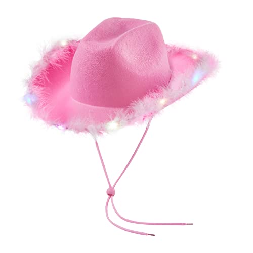 Dubute Damen Tiara Cowgirl Hut Western Party Hut Zubehör Disco Kostüm Cowboy Hut, Pink-LED-Licht, One size von Dubute