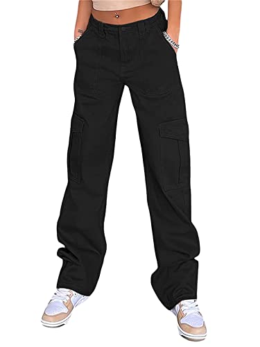 Dubute Gothic Punk Cargohose Damen Niedrige Taille Hose Loose Wide Straight Leg Baggy Jeans Dark Harajuku Streetwear, B-schwarz, XXL von Dubute