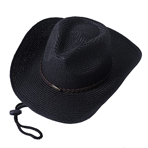 Dubute Herren Western Strohhut Cowboy Hut mit Lederband Sommer Strand Sonne Cowboy Hut mit verstellbarem Riemen, Schwarz , Einheitsgröße von Dubute