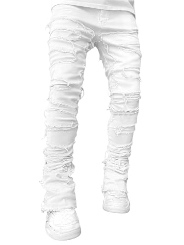Dubute Jeans Herren Skinny Ripped Jeans Slim Fit Patchwork Denim Hose Y2K Goth Harajuku Hip Hop Jeans Hose, weiß, 27-32 von Dubute