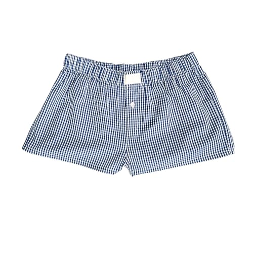 Dubute Lässige Damen-Shorts, kariert, elastisch, niedrige Taille, Pyjama, kurze Hose, lockere Lounge-Shorts, Harajuku, Streetwear, Dunkelblau, S von Dubute