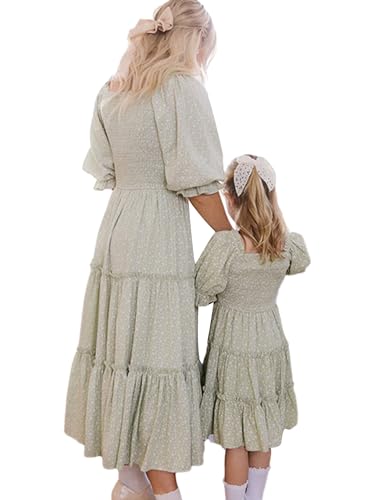 Dubute Mommy and Me Kleider, passendes Outfit, für Familie, passendes Blumenmuster, fließend, müde, kurzärmeliges Kleid für Mutter und Tochter, Grünes Blumenmuster, Small von Dubute