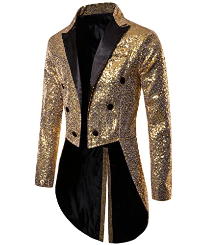 Dubute Smokingjacke Herren Schwalbenschwanz Glänzende Pailletten Blazer Anzug Jacke Slim Fit Party Magic Show Frack Cosplay Kleid Blazer Mäntel, goldfarben, 48 von Dubute