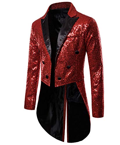 Dubute Smokingjacke Herren Schwalbenschwanz Glänzende Pailletten Blazer Anzug Jacke Slim Fit Party Magic Show Frack Cosplay Kleid Blazer Mäntel, rot, 52 von Dubute