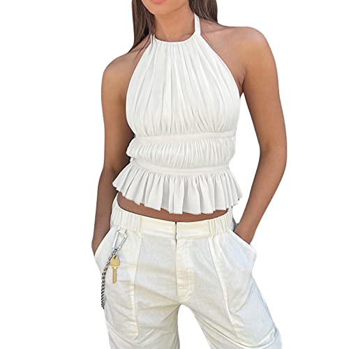 Dubute Sommer-Top für Damen, ärmellos, Neckholder, rückenfrei, Rüschen, gestuft, mehrlagiges Tanktop, weiß, Small Dubute Sommer-Top für Damen, ärmellos, Neckholder, rückenfrei, Rüschen, gestuft, mehrlagiges Tanktop, weiß, Small von Dubute