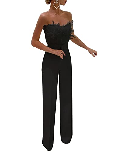 Eleganter Damen-Jumpsuit mit Federn, sexy, schulterfrei, trägerlos, Schlauch-Top, Dressy mit Gürtel, weite Beinhose, Strampler Clubwear, Schwarz , M von Dubute