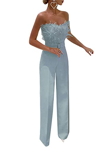 Eleganter Damen-Jumpsuit mit Federn, sexy, schulterfrei, trägerlos, Schlauch-Top, Dressy mit Gürtel, weite Beinhose, Strampler Clubwear, blau, S von Dubute