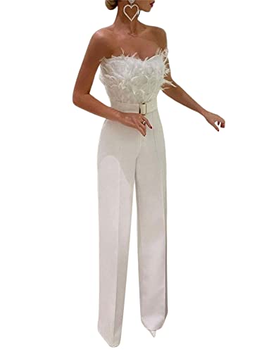 Eleganter Damen-Jumpsuit mit Federn, sexy, schulterfrei, trägerlos, Schlauch-Top, Dressy mit Gürtel, weite Beinhose, Strampler Clubwear, weiß, S von Dubute