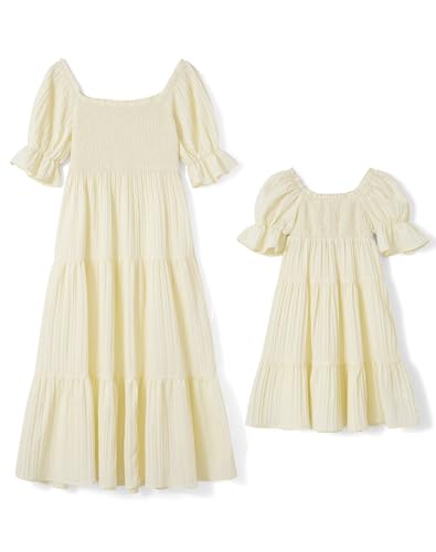 Mommy and Me Kleider Outfits Familie passendes kurzärmeliges gesmoktes Maxikleid für Mutter und Tochter, Gelb-A, L von Dubute