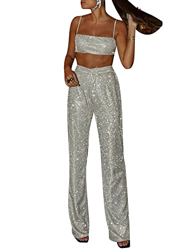 Zweiteiliges Damen-Outfit, ärmellos, glitzernd, Pailletten, bauchfreies Top, weites Bein, glitzernde Paillettenhose, silber, Large von Dubute