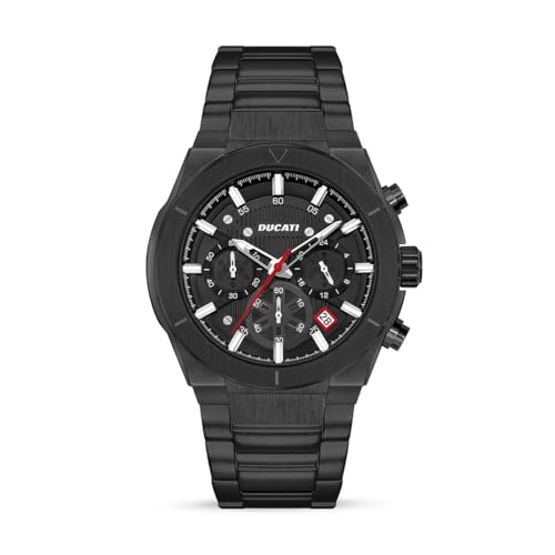 DUCATI DT004 Herren-Chronograph mit schwarzem strukturiertem Zifferblatt, kontrastierenden Details, Edelstahl-Armband, wasserdicht bis 50 m, Gehäuse 43,5 mm, elegante Präzision von Ducati