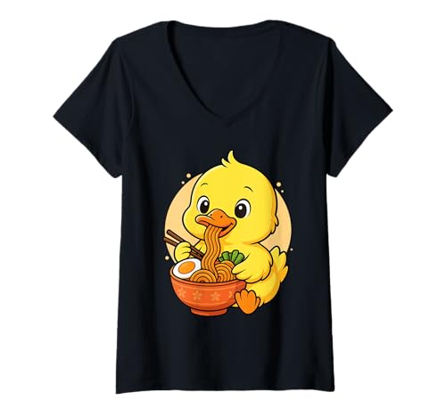 Damen Kawaii Duck Eating Ramen Grafik Japanische Ente Grafik T-Shirt mit V-Ausschnitt von Duck Eating Ramen Funny Japanese Kawaii Design