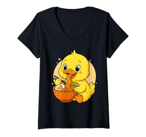 Damen Kawaii Duck Eating Ramen Grafik Japanische Ente Grafik T-Shirt mit V-Ausschnitt von Duck Eating Ramen Funny Japanese Kawaii Design