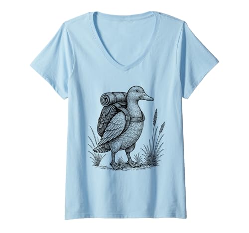 Damen Wanderente Rucksackreisen Abenteuer Natur Tier Vogelliebhaber T-Shirt mit V-Ausschnitt von Duck Hiker Trekking Hike Merch.